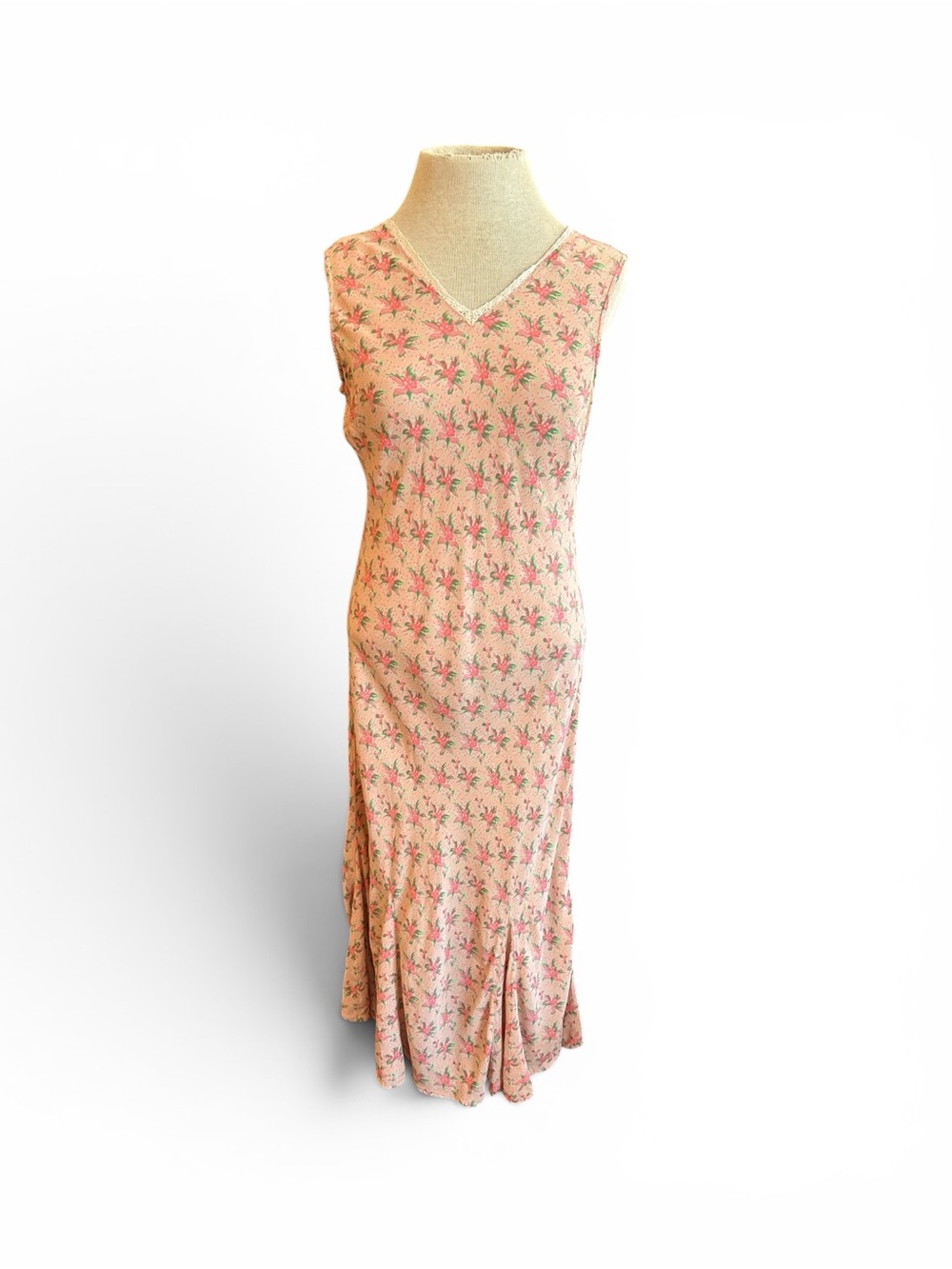 Vintage April Cornell Light Pink Floral V-Neck Maxi Dress M